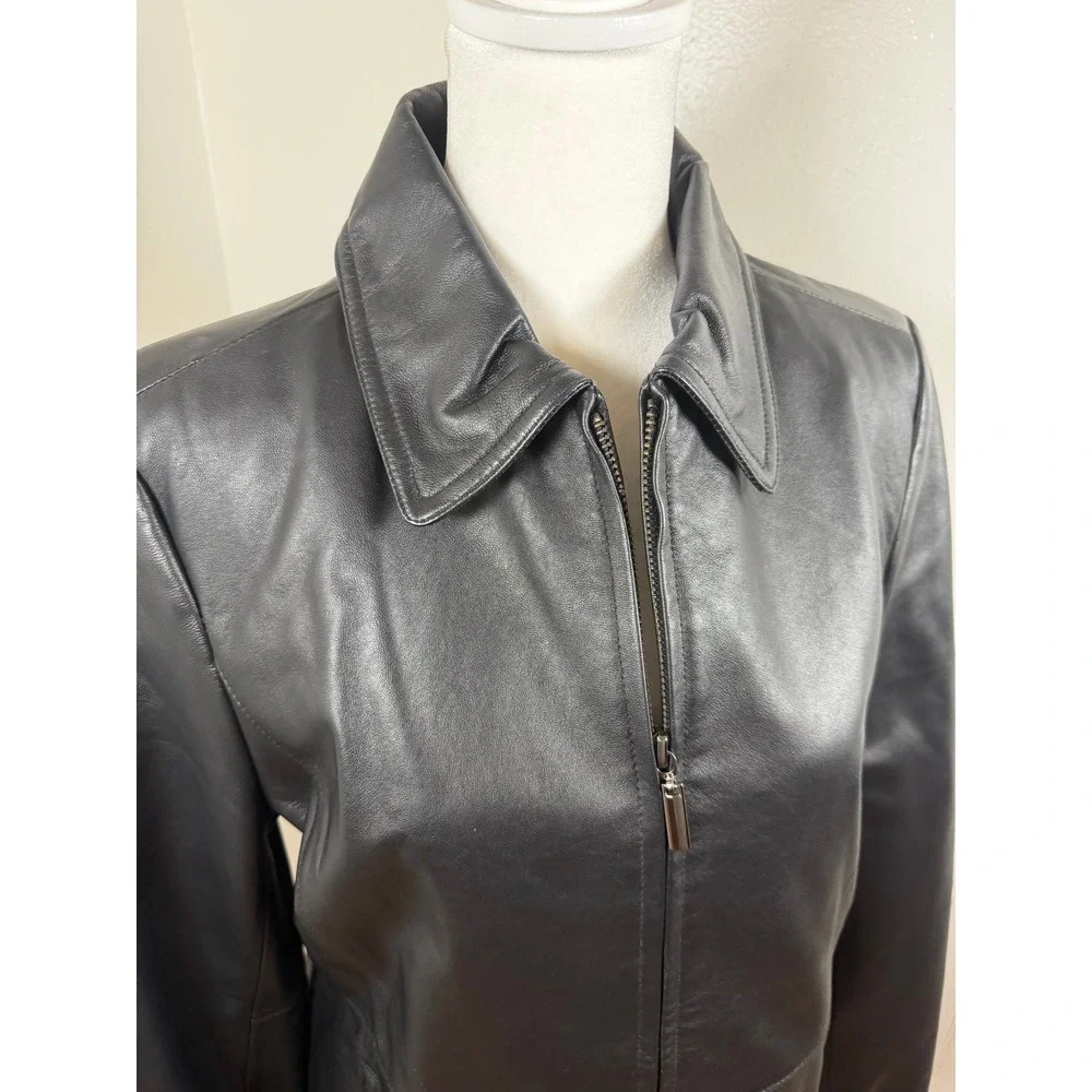 Jaclyn Smith Womens Black Leather Full Zip Collared Coat Casual Outerwear Size S
